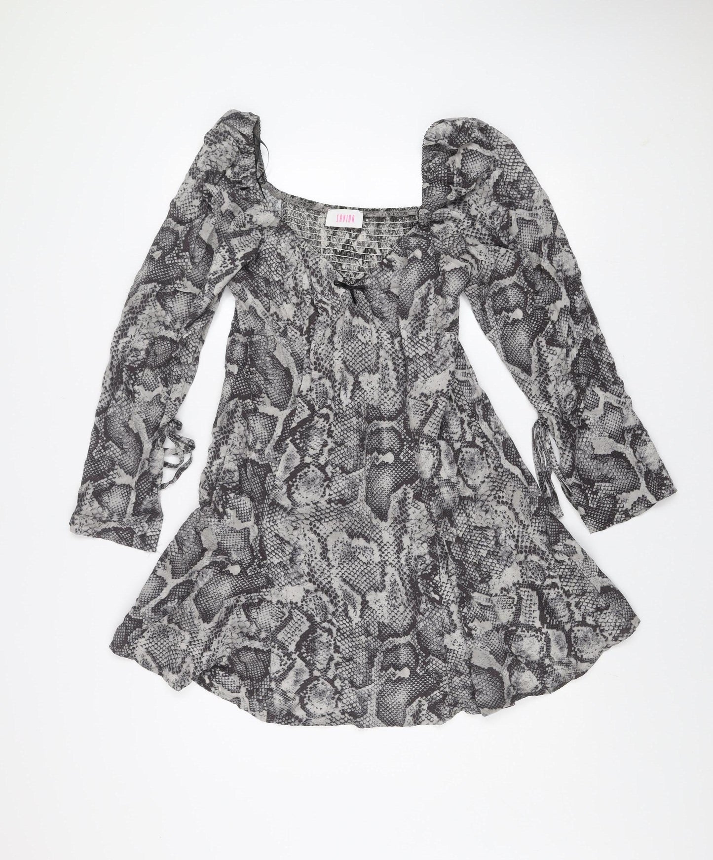 Savida Women Grey Snake Print Mini Dress Size 12 Long Sleeve Ruched