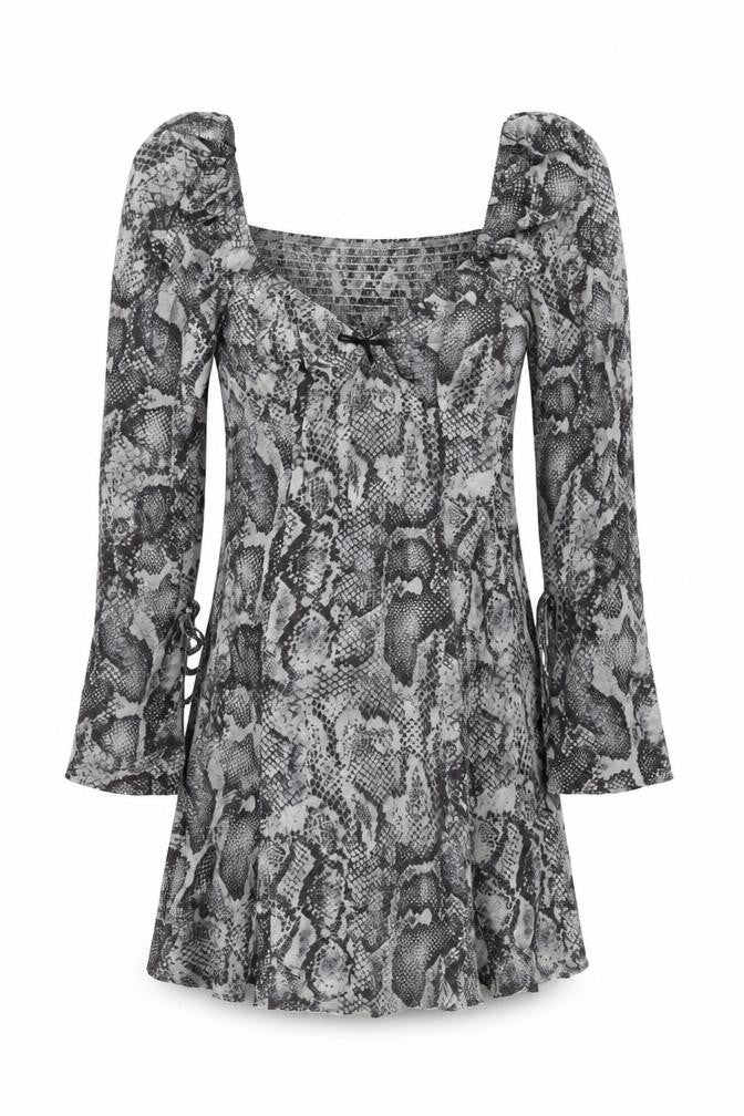 Savida Women Grey Snake Print Mini Dress Size 12 Long Sleeve Ruched