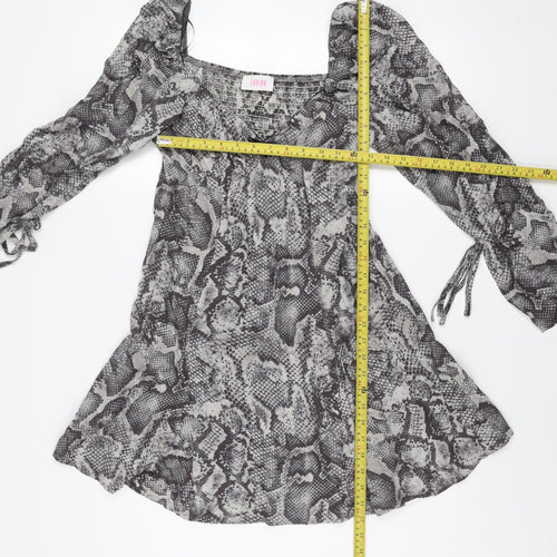 Savida Women Grey Snake Print Mini Dress Size 12 Long Sleeve Ruched