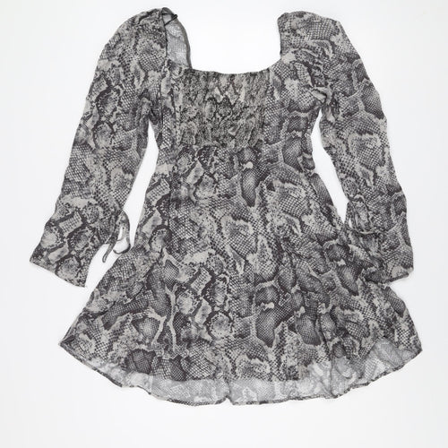 Savida Women Grey Snake Print Mini Dress Size 12 Long Sleeve Ruched