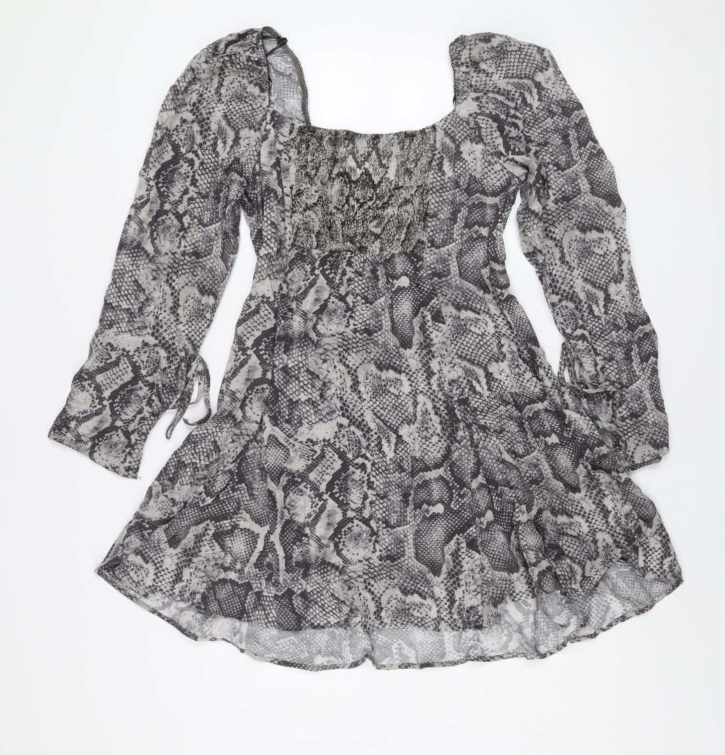 Savida Women Grey Snake Print Mini Dress Size 12 Long Sleeve Ruched