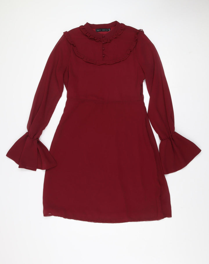Saint Maine Women Red Size 10 Ruffle High Neck Long Sleeve Shift Dress