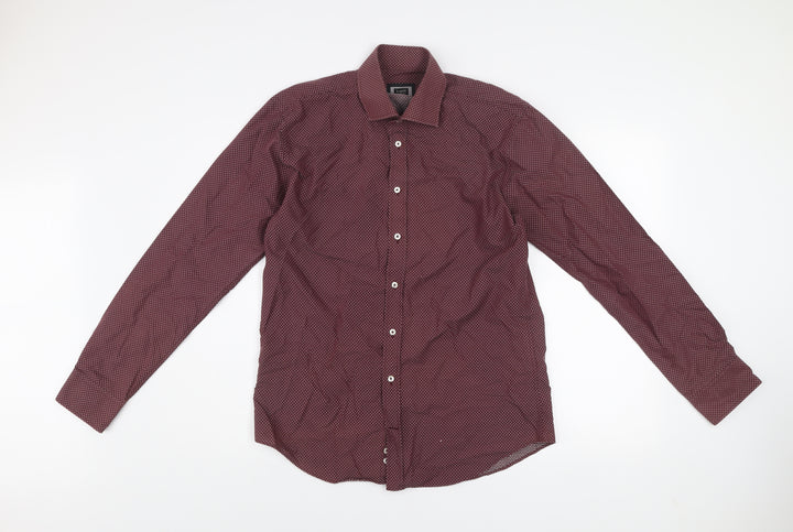 Bugatti Men's Red Geometric Long Sleeve Cotton Dress Shirt M 39/40