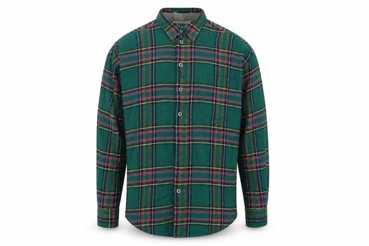Front view of Haupt Men Green Plaid Button-Up Long Sleeve Cotton Shirt, size 41/42