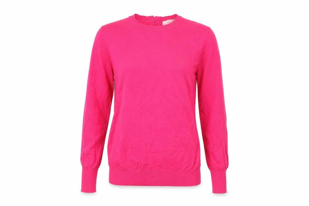 Front view of Savida Women's Pink XS Crew Neck Button Back Jumper