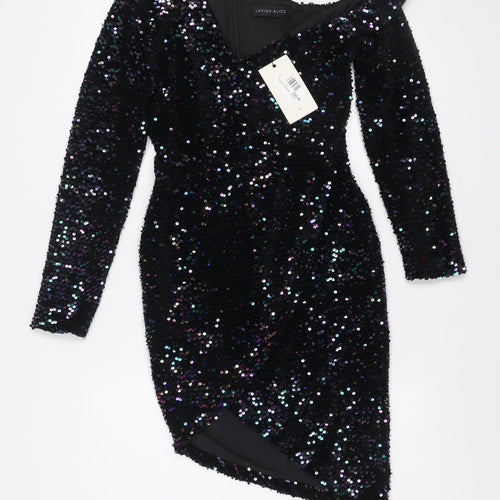 Lavish Alice Women's Black Sequin Velvet Off Shoulder Bodycon Mini Dress Size 10