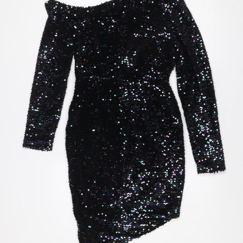 Lavish Alice Women's Black Sequin Velvet Off Shoulder Bodycon Mini Dress Size 10