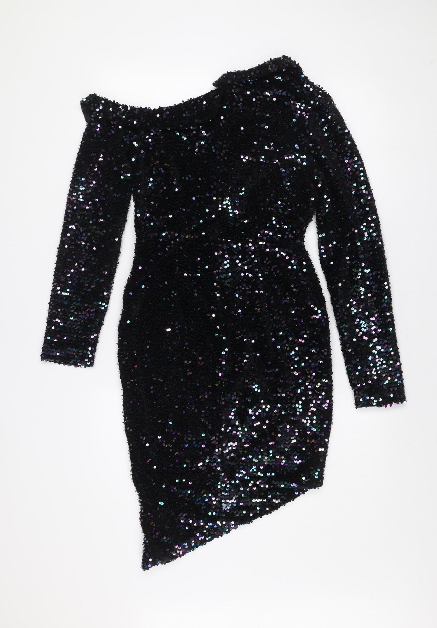Lavish Alice Women's Black Sequin Velvet Off Shoulder Bodycon Mini Dress Size 10