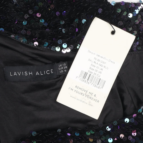 Lavish Alice Women's Black Sequin Velvet Off Shoulder Bodycon Mini Dress Size 10
