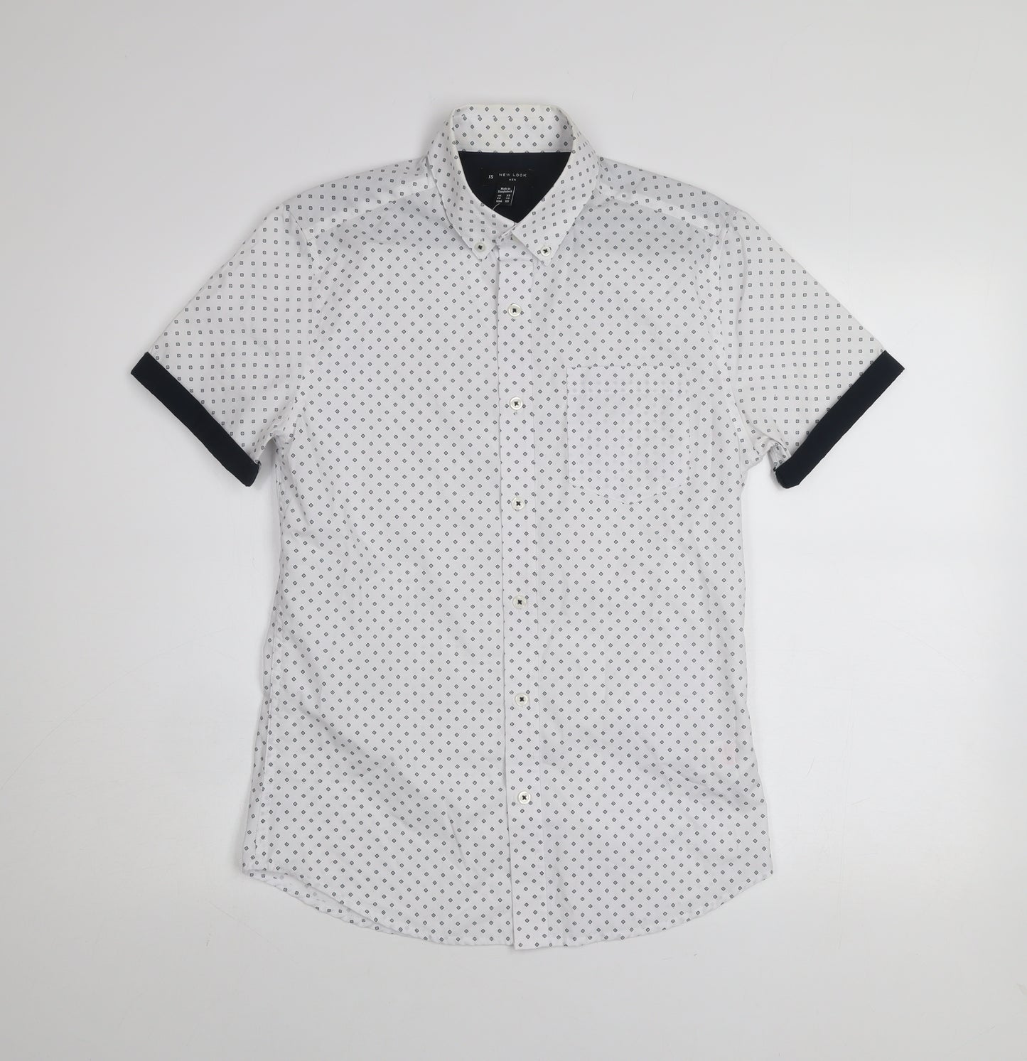New Look Men White Geometric Short Sleeve Button-Up Shirt XS
