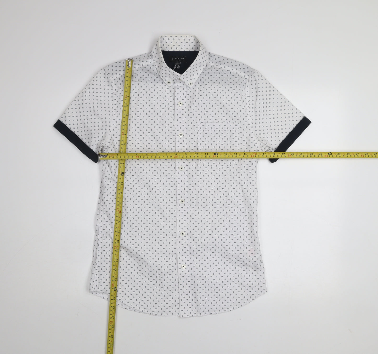 New Look Men White Geometric Short Sleeve Button-Up Shirt XS
