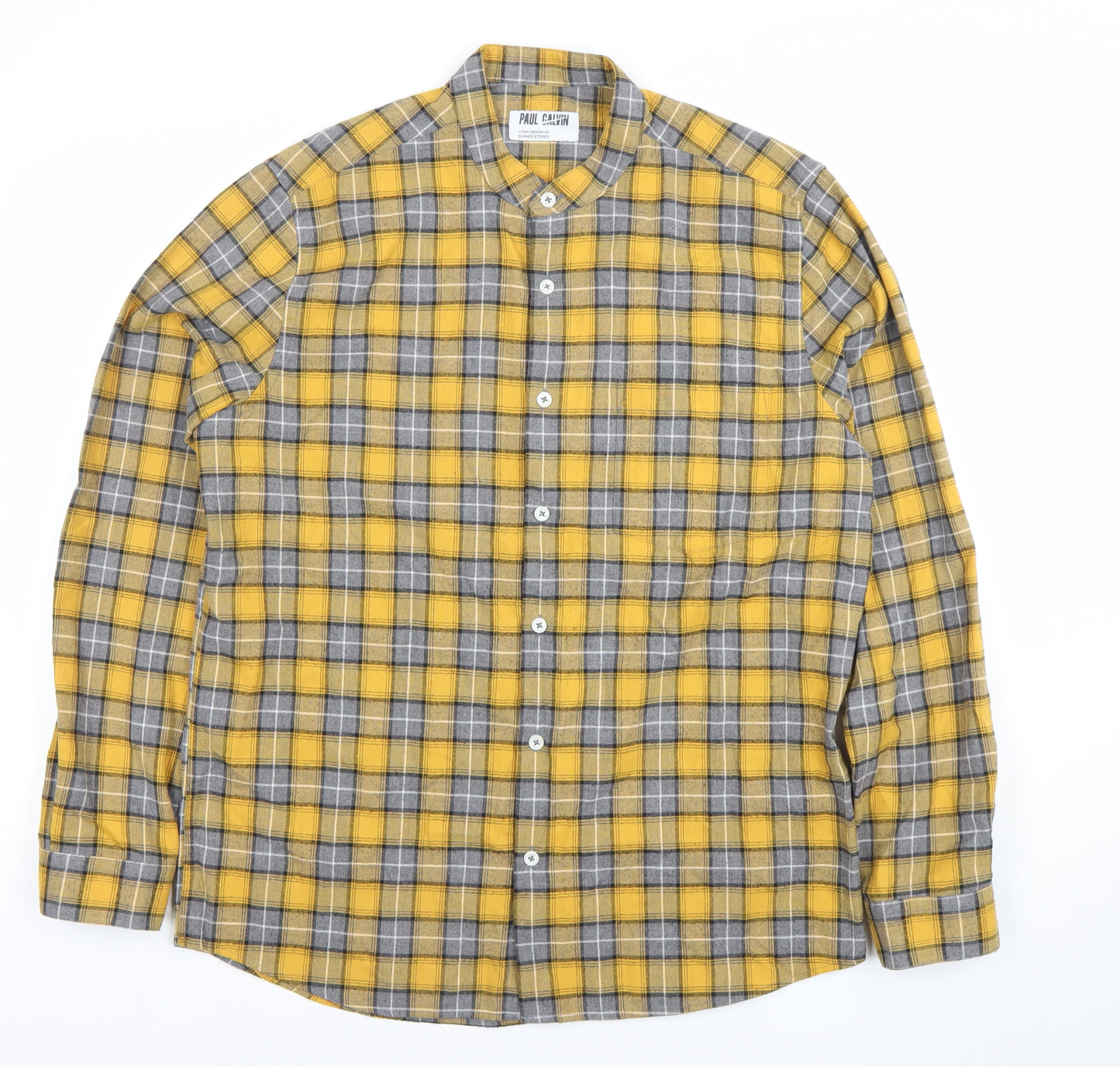 Paul Calvin Men's Yellow Grey Check Long Sleeve Dress Shirt Size L