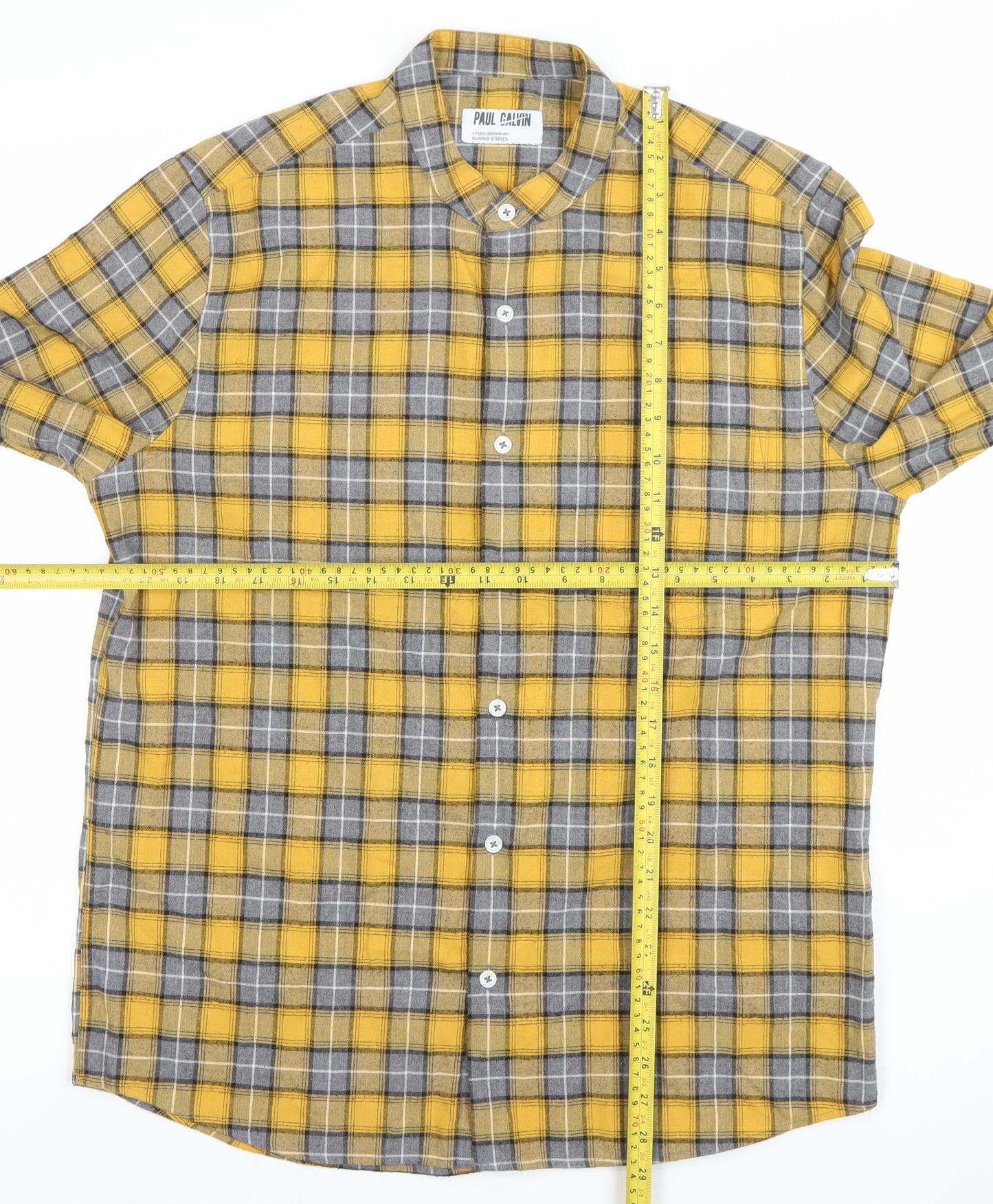 Paul Calvin Men's Yellow Grey Check Long Sleeve Dress Shirt Size L