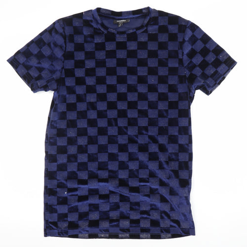 ICONO Men's Blue Check Slim Fit Velvet T-Shirt Size S