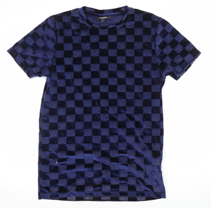 ICONO Men's Blue Check Slim Fit Velvet T-Shirt Size S
