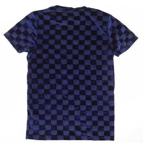 ICONO Men's Blue Check Slim Fit Velvet T-Shirt Size S