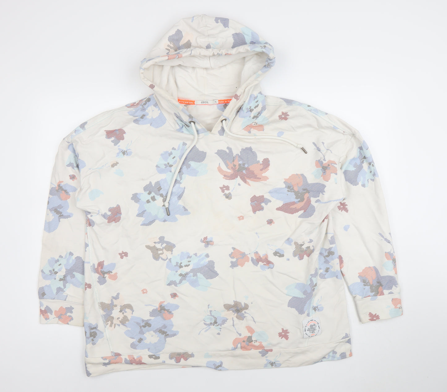 Cecil Women's Beige Floral Hooded Pullover Sweatshirt XL