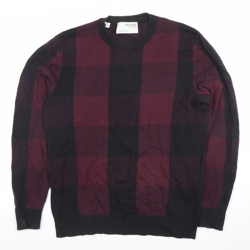 SELECTED HOMME Men's Multicoloured Check Cotton Crew Neck Jumper M