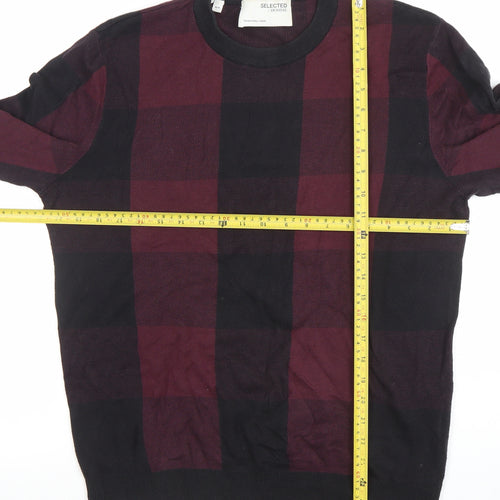 SELECTED HOMME Men's Multicoloured Check Cotton Crew Neck Jumper M