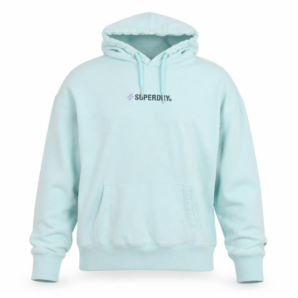 Front view of Superdry Women’s Blue Hoodie, size M, Pullover Cotton Logo Sweatshirt