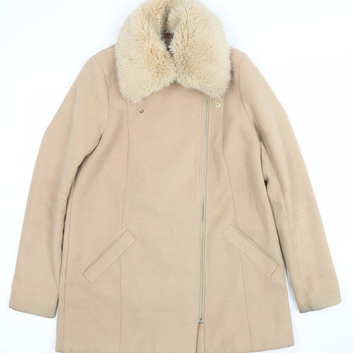 River Island Women Beige Wool Blend Faux Fur Collar Mid-Length Coat UK 8