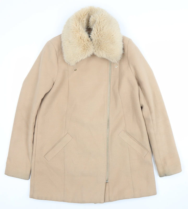 River Island Women Beige Wool Blend Faux Fur Collar Mid-Length Coat UK 8