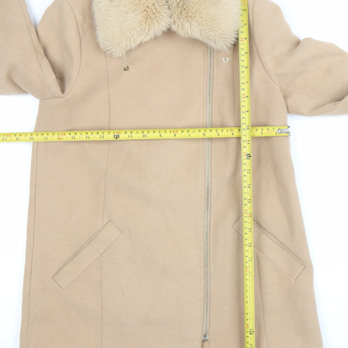 River Island Women Beige Wool Blend Faux Fur Collar Mid-Length Coat UK 8