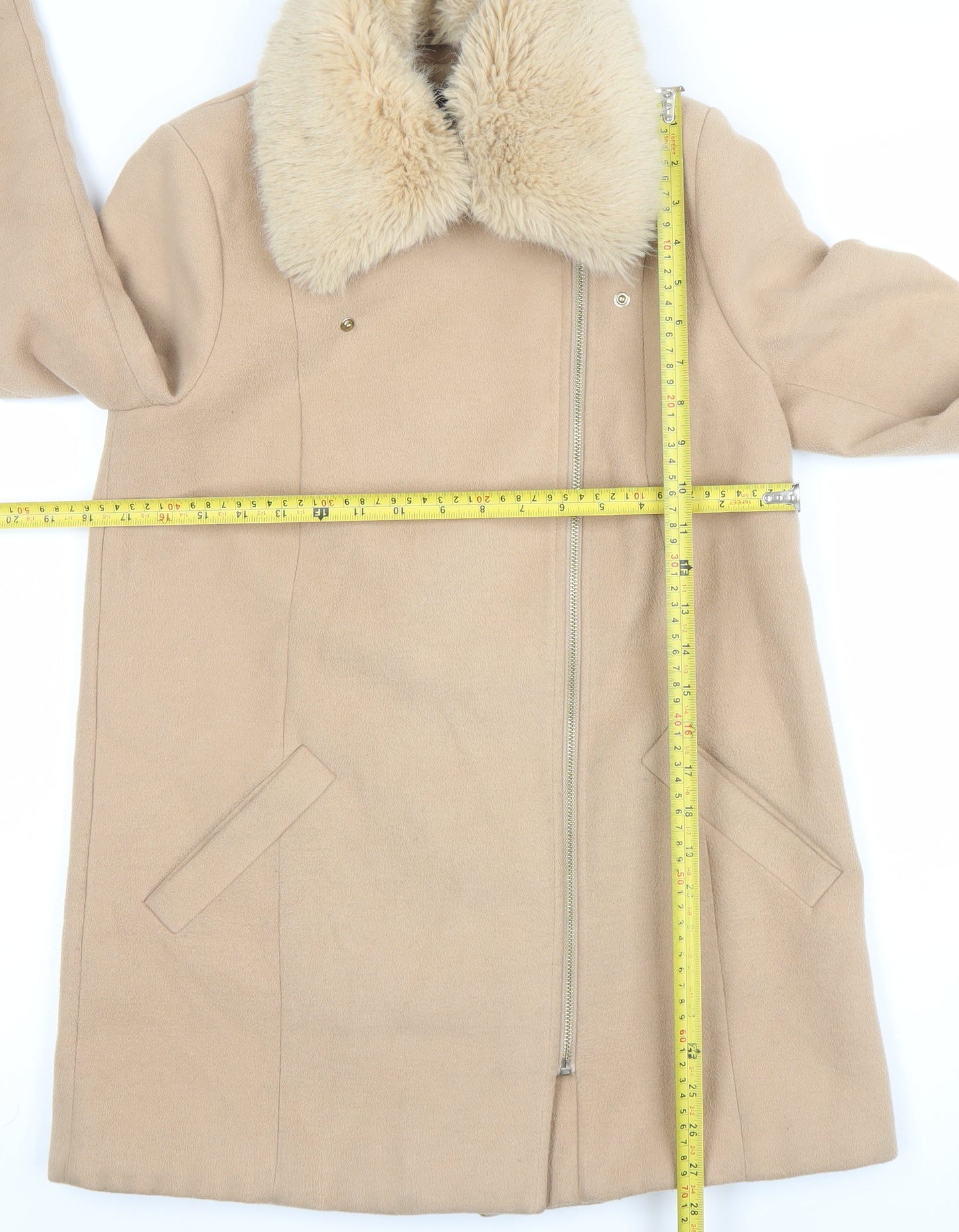 River Island Women Beige Wool Blend Faux Fur Collar Mid-Length Coat UK 8
