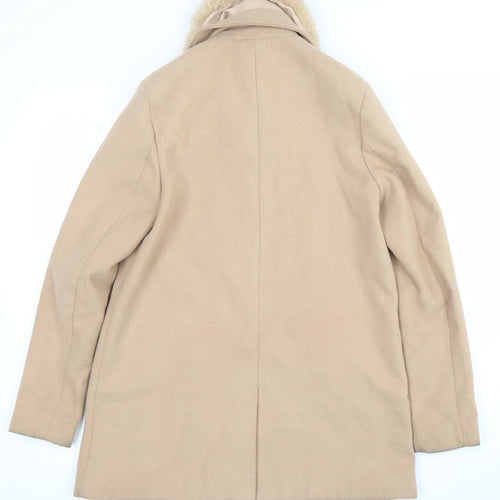 River Island Women Beige Wool Blend Faux Fur Collar Mid-Length Coat UK 8