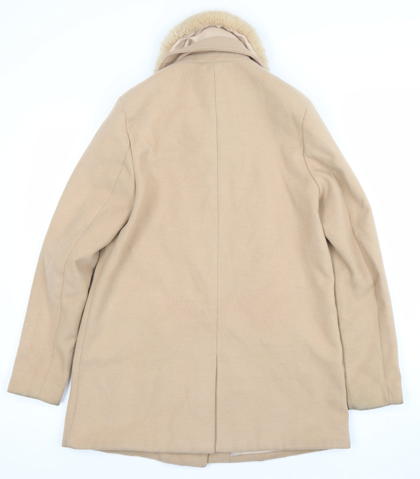 River Island Women Beige Wool Blend Faux Fur Collar Mid-Length Coat UK 8