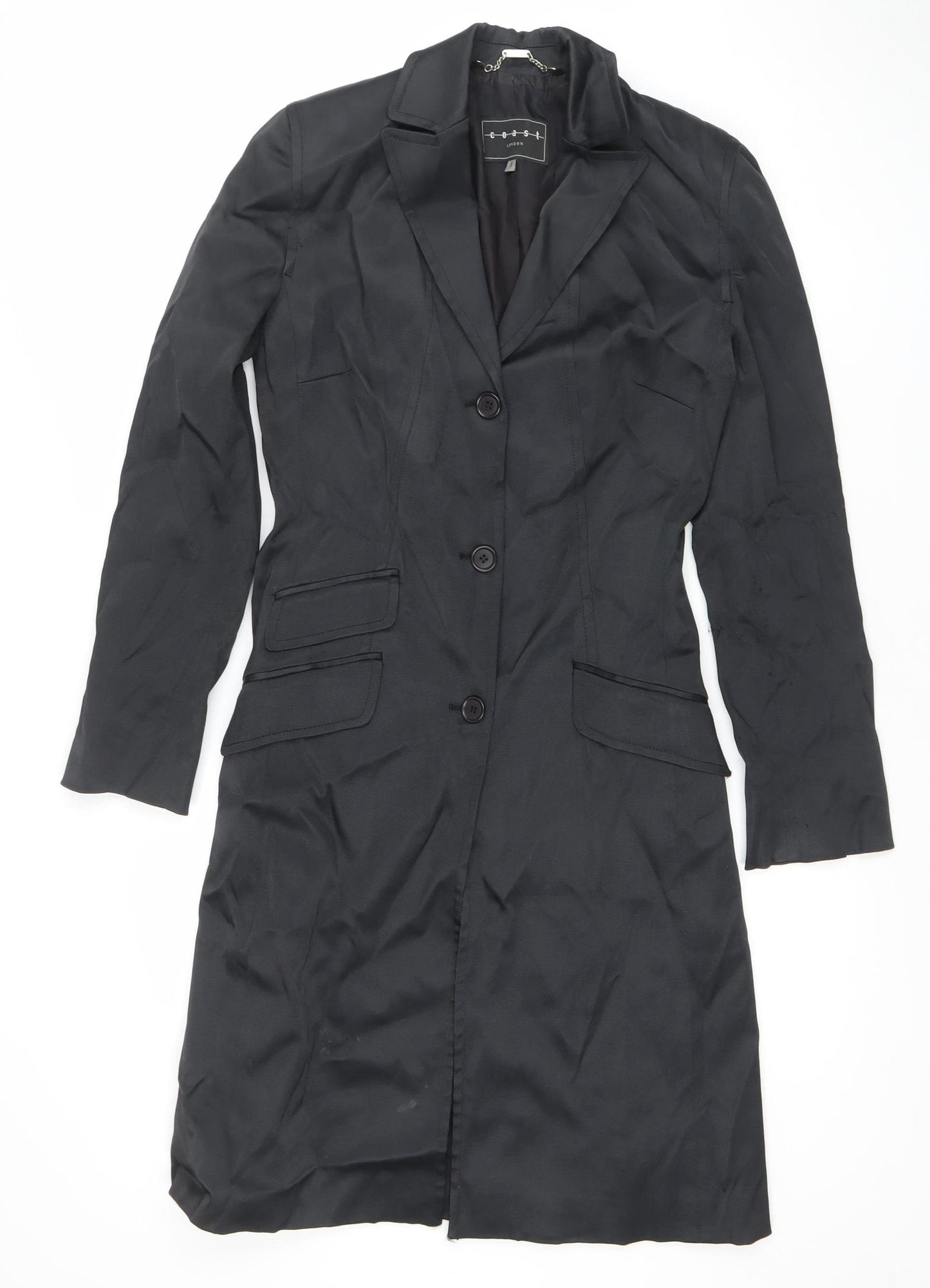 Coast Women’s Black Long Trench Coat Size 8 Classic Lined Buttoned