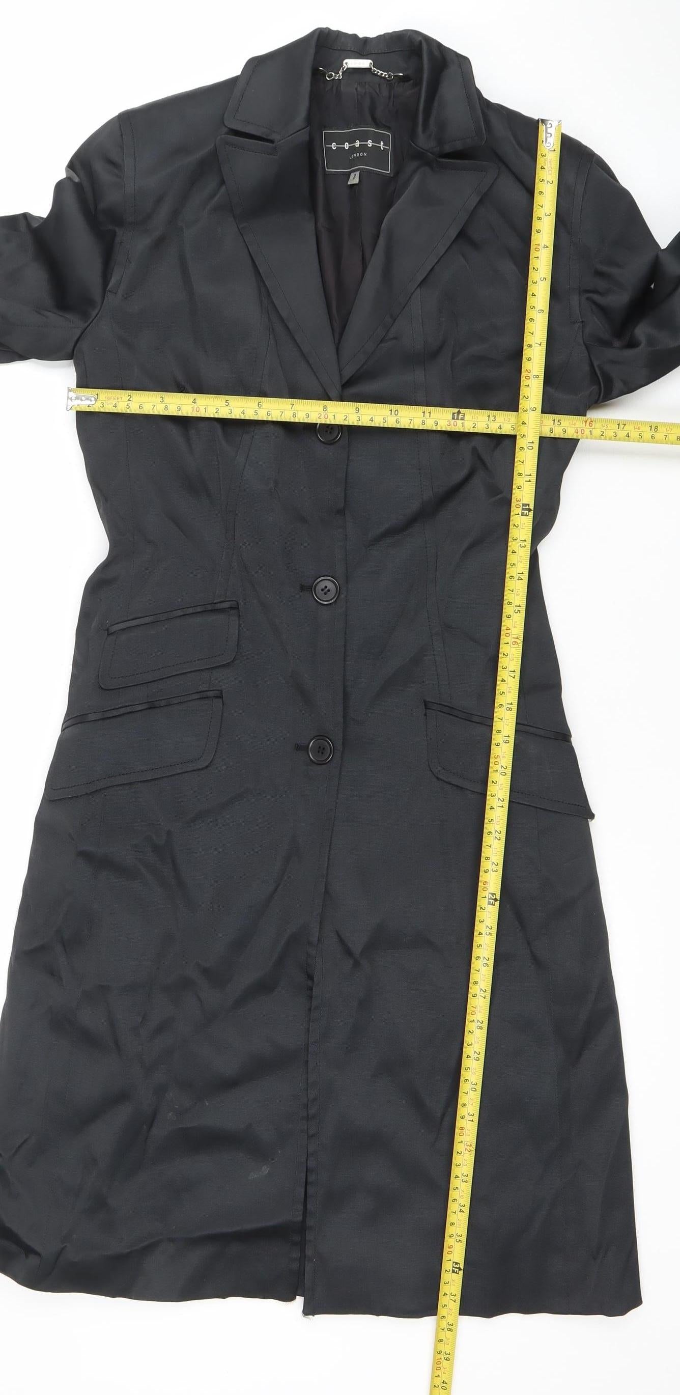 Coast Women’s Black Long Trench Coat Size 8 Classic Lined Buttoned