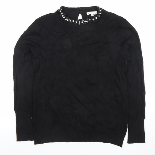 Warehouse Women’s Black Beaded Crew Neck Long Sleeve Blouse Size 14