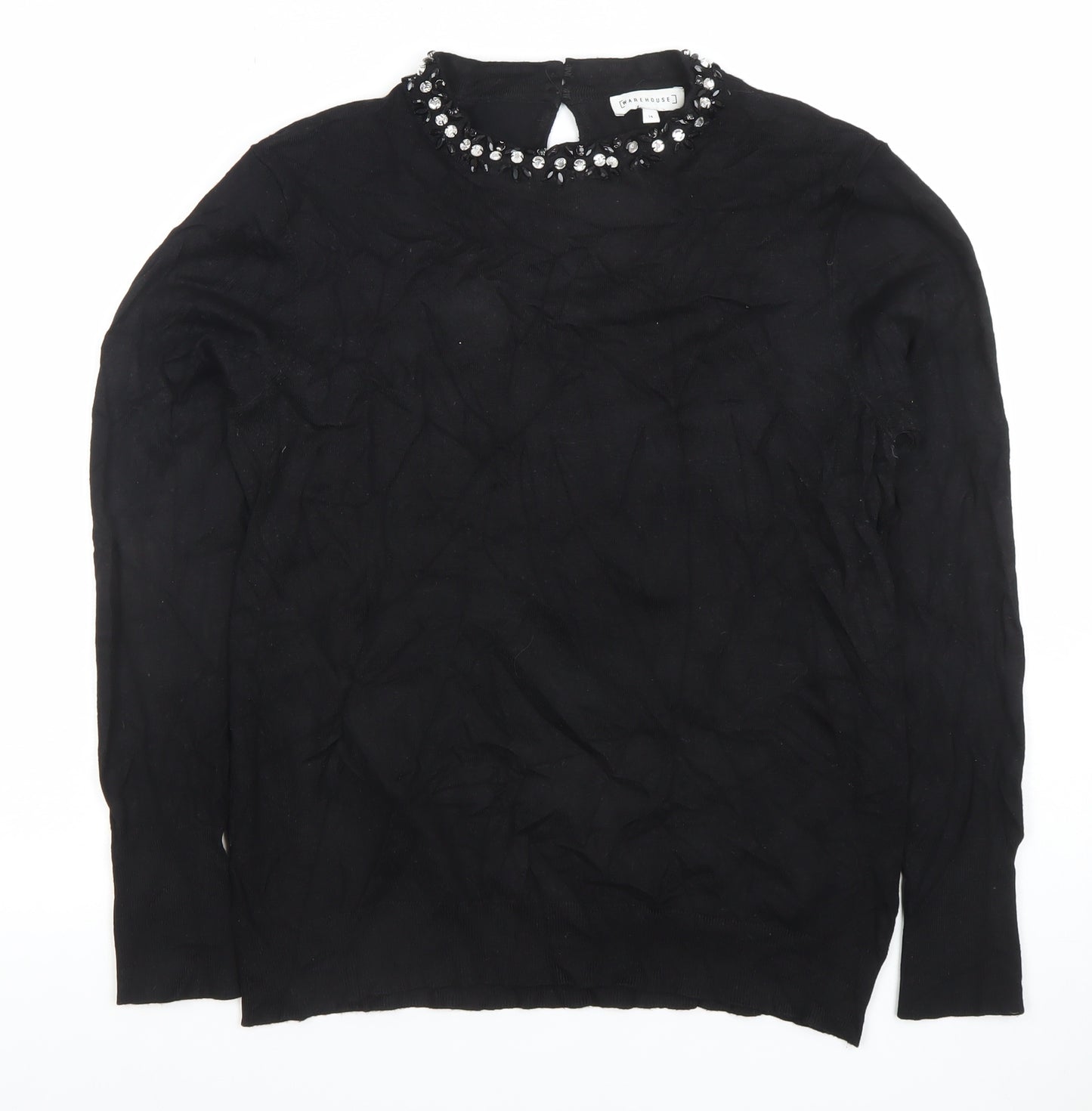 Warehouse Women’s Black Beaded Crew Neck Long Sleeve Blouse Size 14