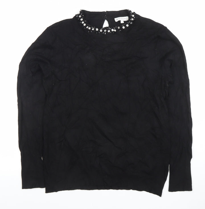 Warehouse Women’s Black Beaded Crew Neck Long Sleeve Blouse Size 14
