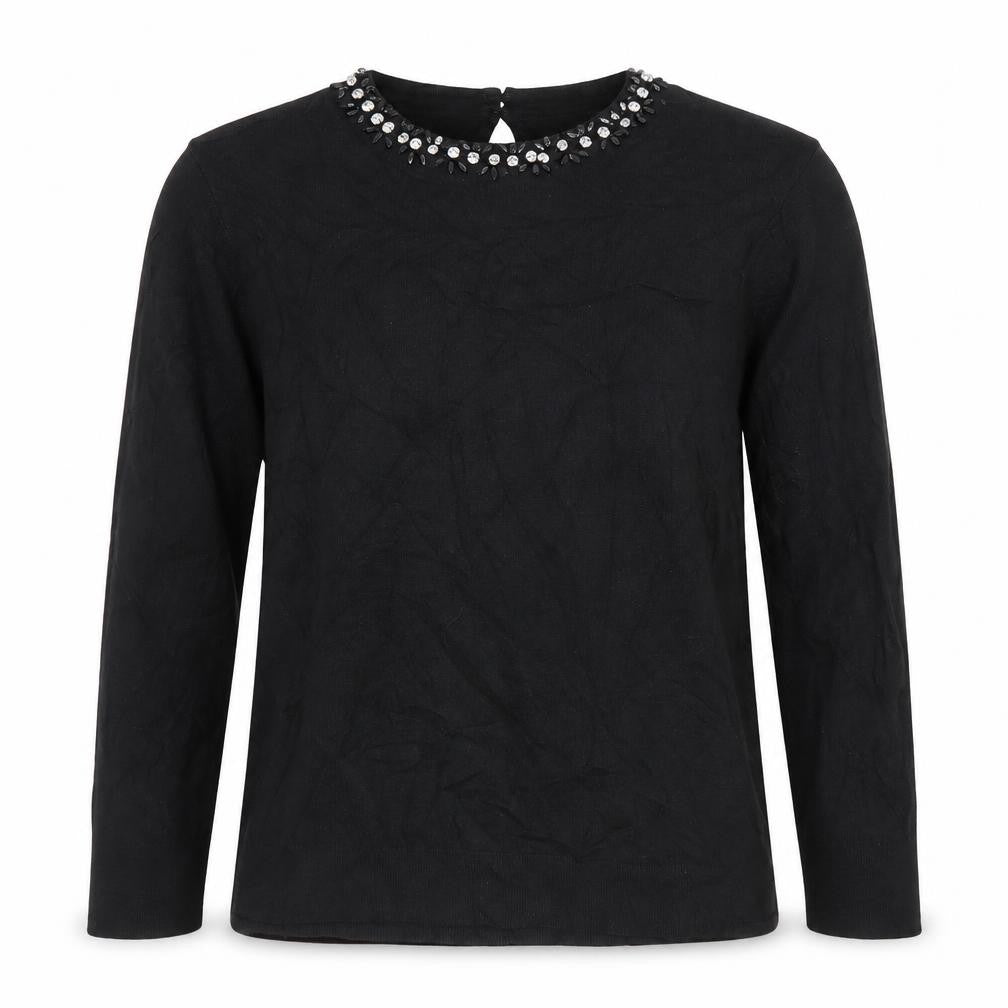 Warehouse Women’s Black Beaded Crew Neck Long Sleeve Blouse Size 14