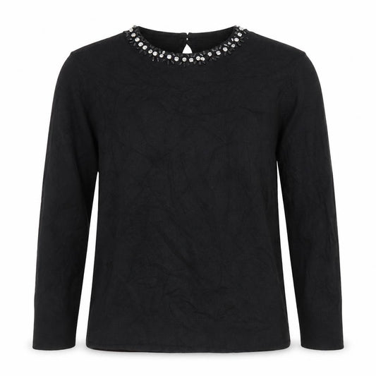 Front view of Warehouse Women’s Black Beaded Crew Neck Long Sleeve Blouse, size UK 14