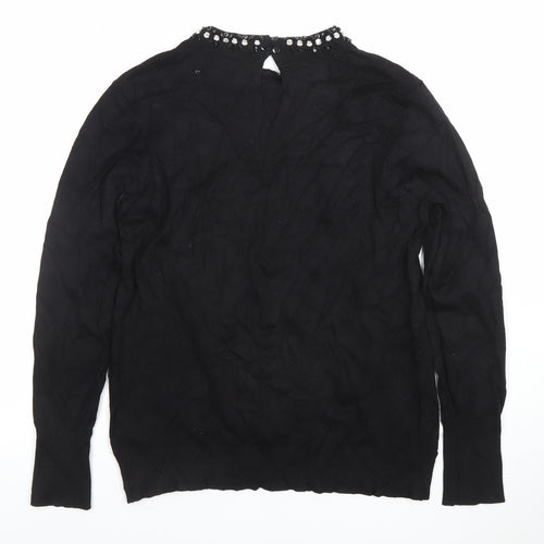 Warehouse Women’s Black Beaded Crew Neck Long Sleeve Blouse Size 14
