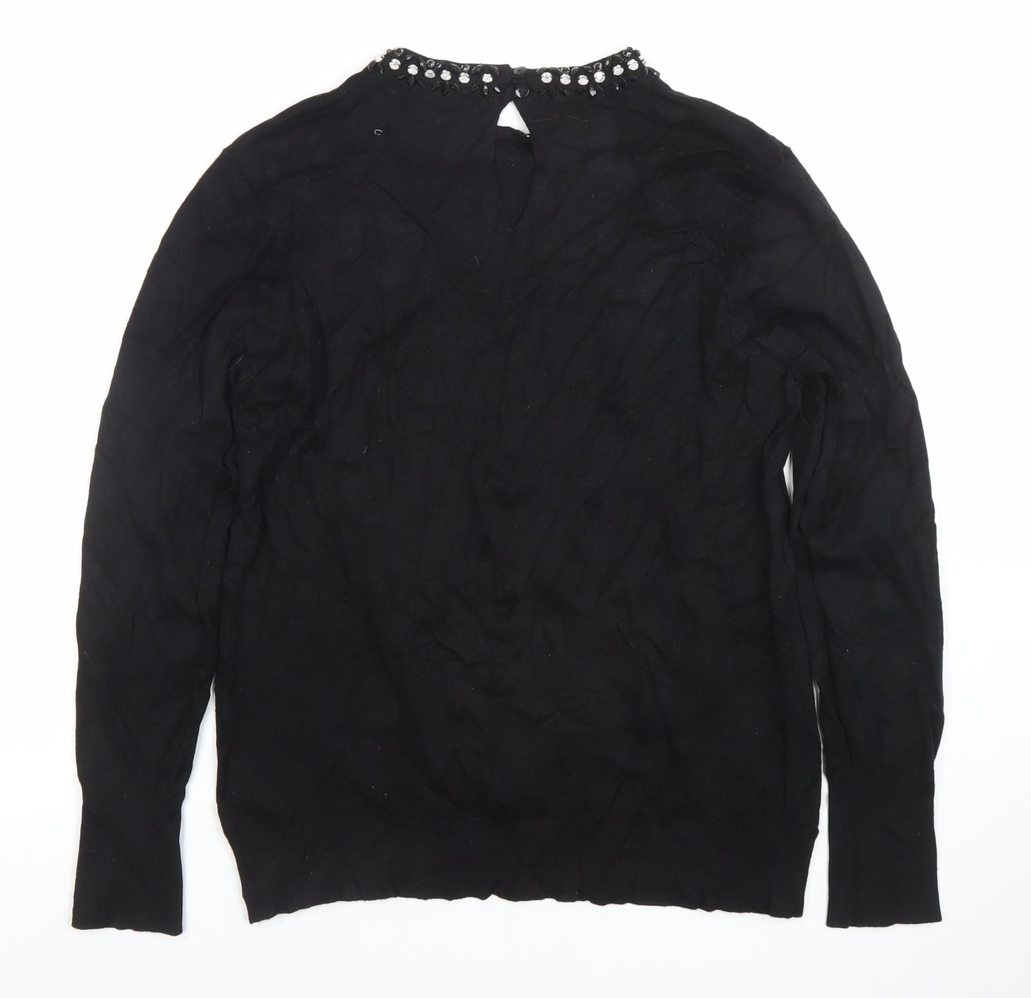 Warehouse Women’s Black Beaded Crew Neck Long Sleeve Blouse Size 14