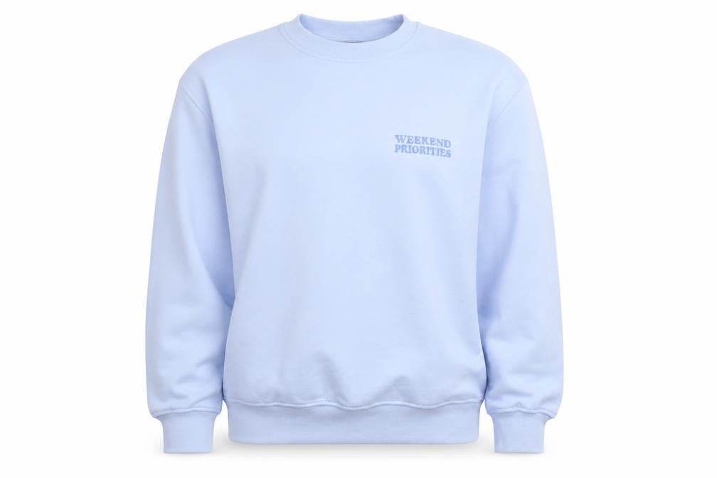 Front view of Dunnes Women’s Light Blue XS Pullover Sweatshirt Weekend Priorities
