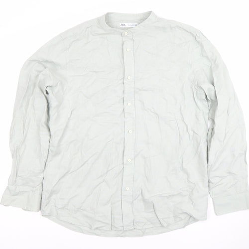 ZARA Men’s Green Band Collar Long Sleeve Cotton Shirt Size L