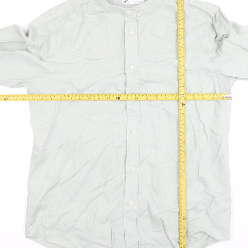 ZARA Men’s Green Band Collar Long Sleeve Cotton Shirt Size L