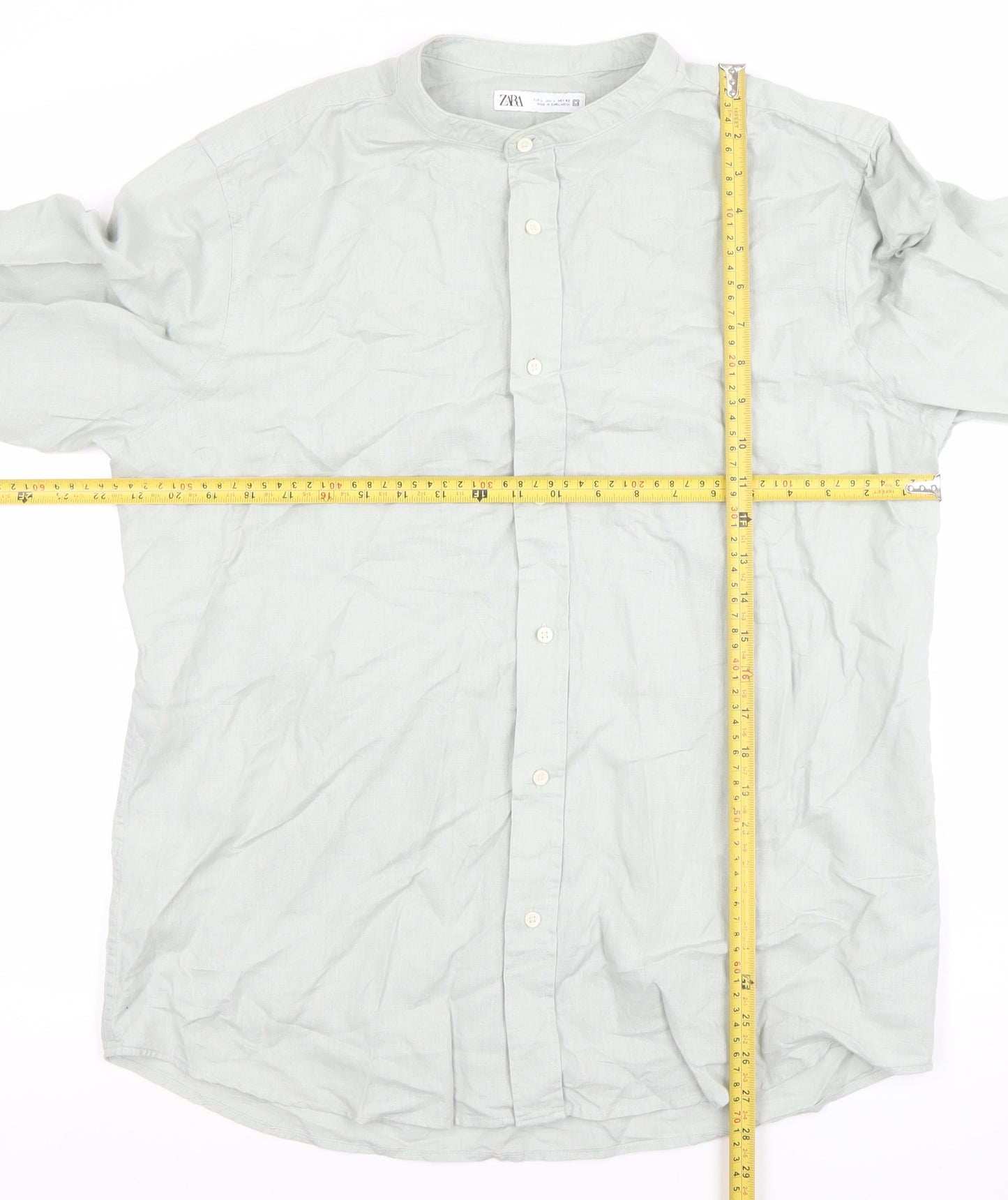 ZARA Men’s Green Band Collar Long Sleeve Cotton Shirt Size L