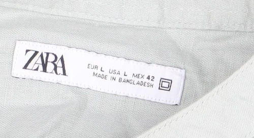 ZARA Men’s Green Band Collar Long Sleeve Cotton Shirt Size L