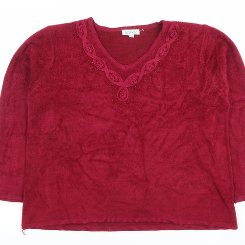 Fay Louise Women's Red Beaded V-Neck Knit Jumper Size L