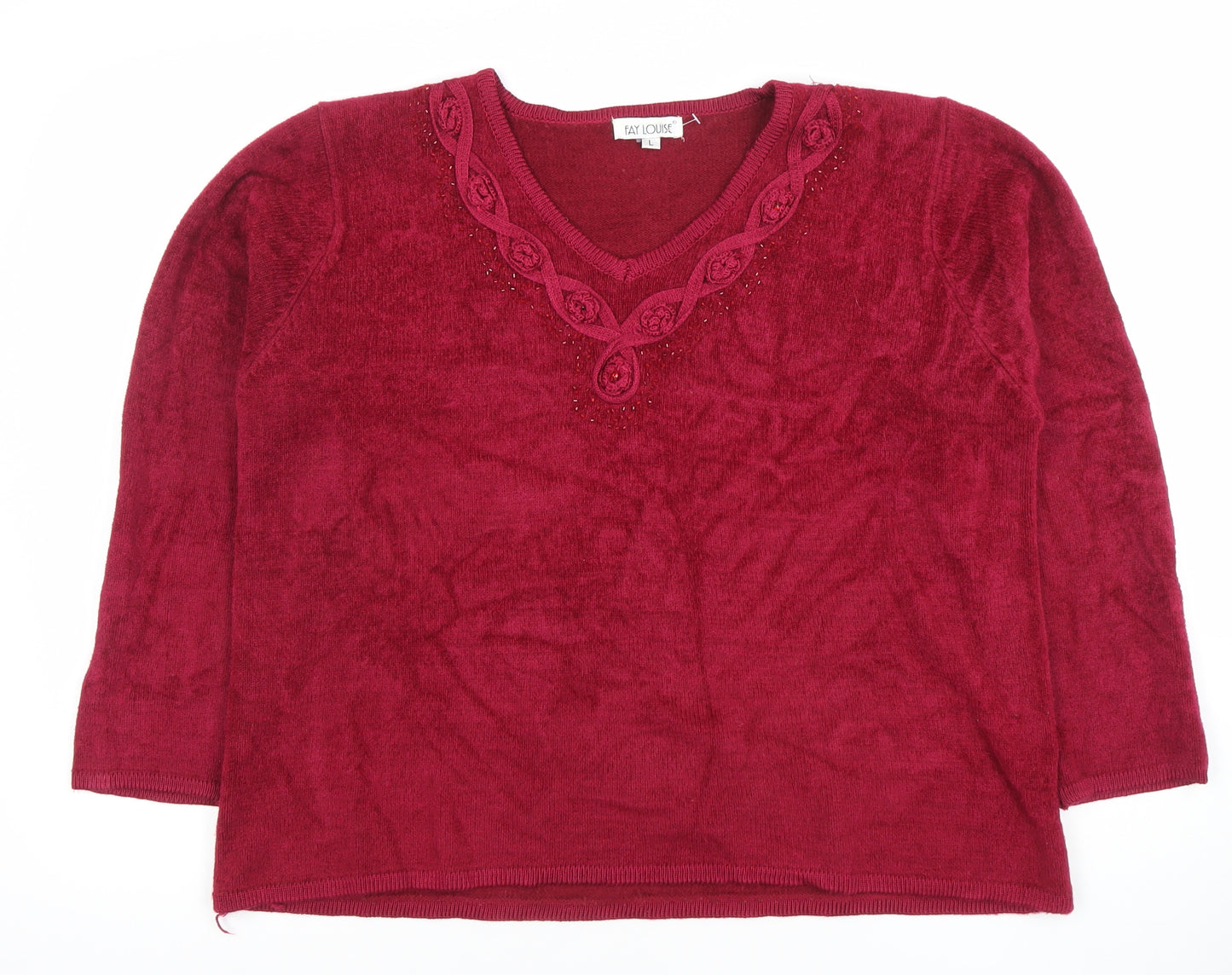 Fay Louise Women's Red Beaded V-Neck Knit Jumper Size L