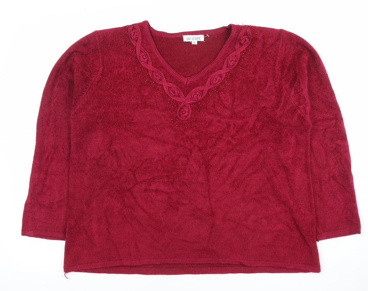 Fay Louise Women's Red Beaded V-Neck Knit Jumper Size L