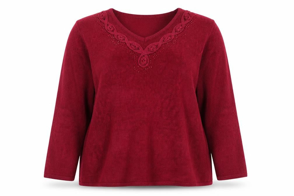 Front view of Fay Louise Women's Red Beaded V-Neck Knit Jumper, size L