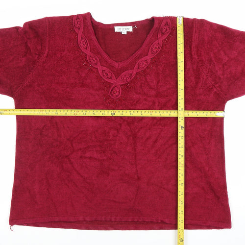 Fay Louise Women's Red Beaded V-Neck Knit Jumper Size L