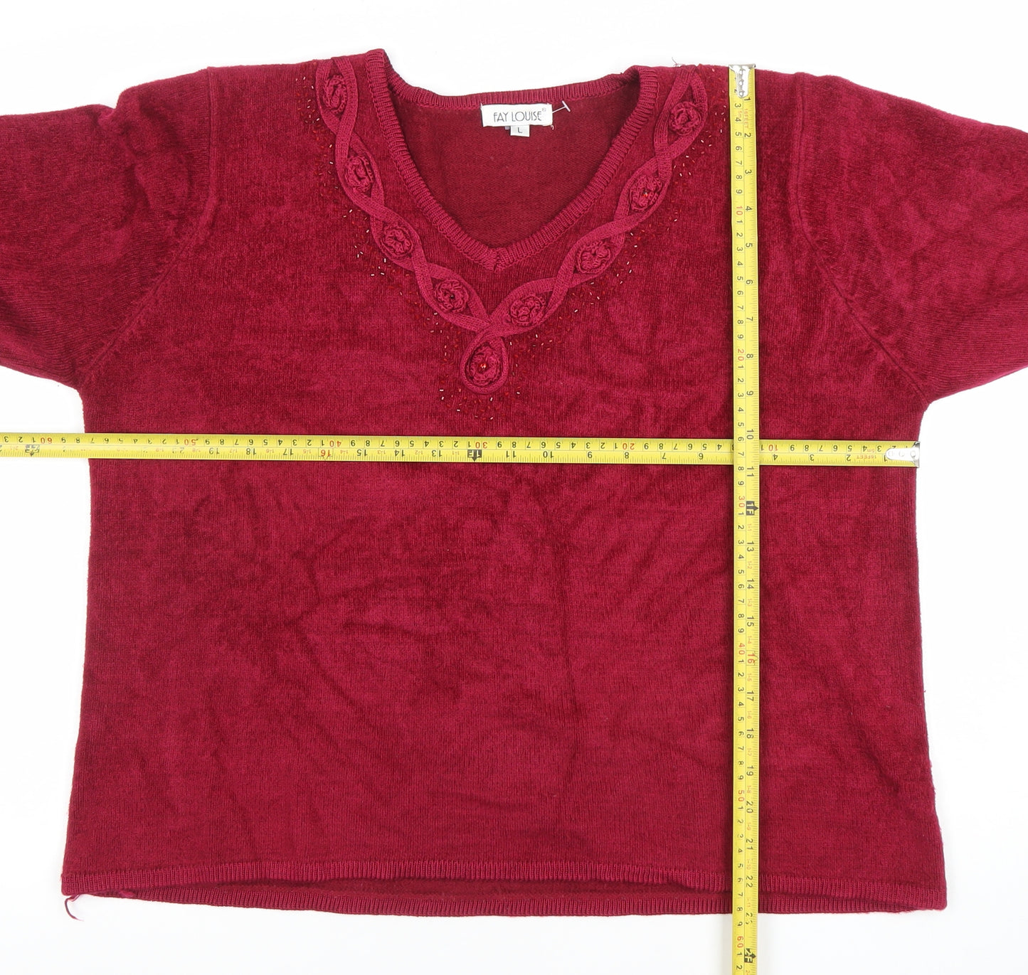 Fay Louise Women's Red Beaded V-Neck Knit Jumper Size L